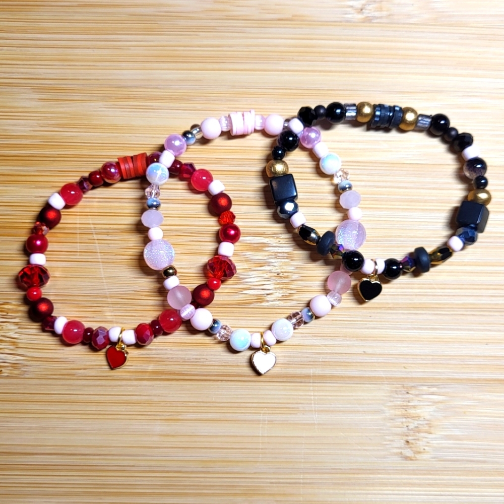 Pleasing Pink Set Of 3 Bracelets With Heart Charms